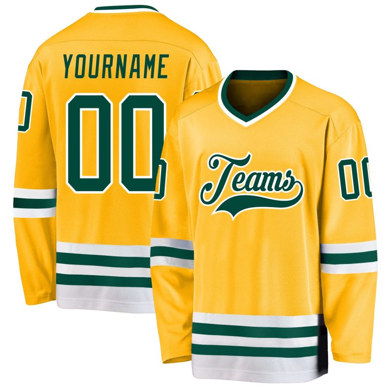 Custom Name and Number Gold Green-White Hockey Jersey - Personalized Team Gear Personalized Gold Green-White Hockey Jersey