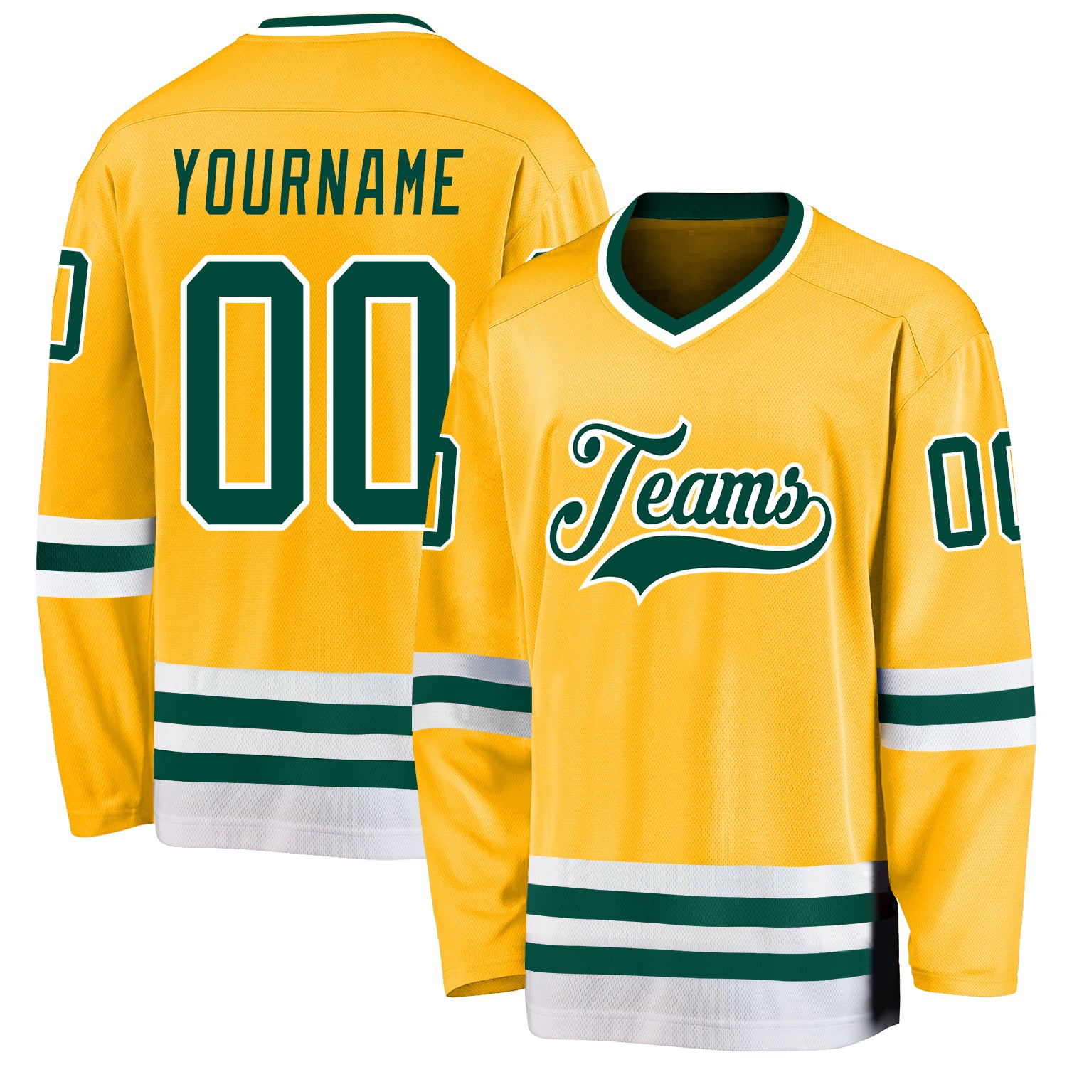 Custom Name and Number Gold Green-White Hockey Jersey - Personalized Team Gear Personalized Gold Green-White Hockey Jersey