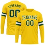 Custom Team Name Number Long Sleeve Performance T-Shirt - Personalized Gold Green-White Design Personalized Gold Green-White