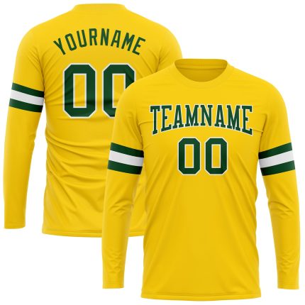 Custom Team Name Number Long Sleeve Performance T-Shirt - Personalized Gold Green-White Design Personalized Gold Green-White