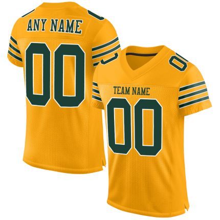Customizable Gold Green-White Football Jersey - Authentic Mesh Design Personalized Gold Green-White Mesh Authentic Football