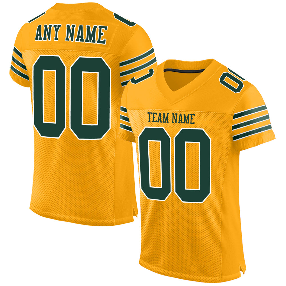 Customizable Gold Green-White Football Jersey - Authentic Mesh Design Personalized Gold Green-White Mesh Authentic Football