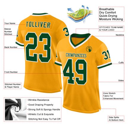 Custom Name & Number Personalized Gold Green-White Mesh Authentic Throwback Football Jersey Personalized Gold Green-White
