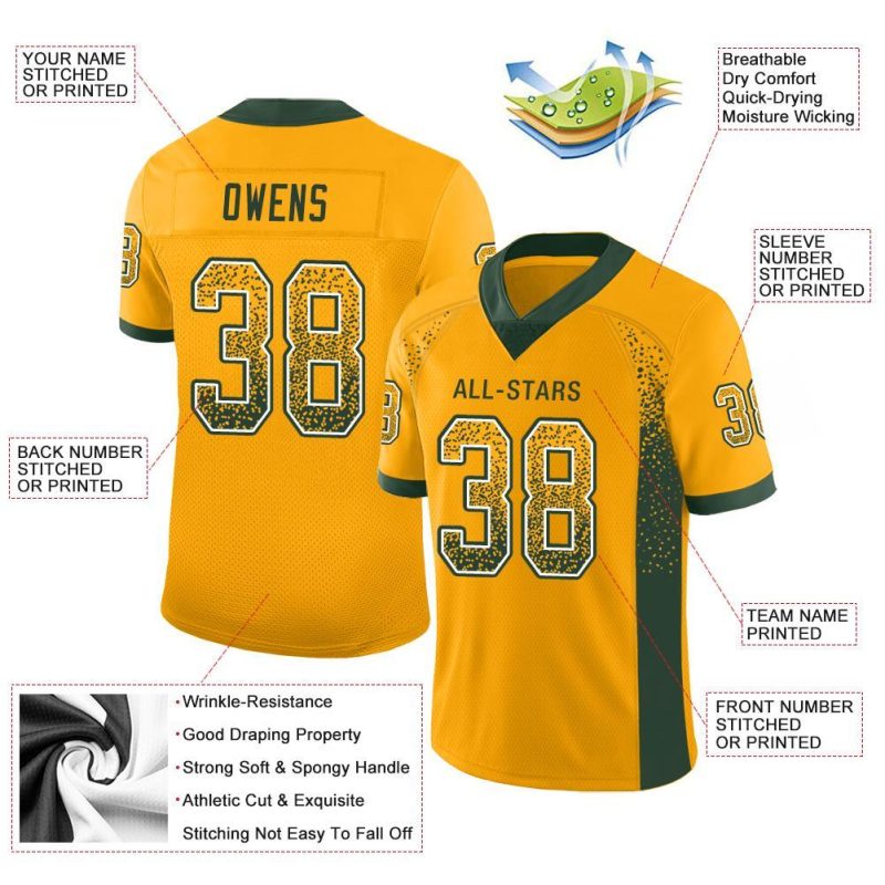 Custom Gold Green White Mesh Football Jersey with Personalized Name and Number Personalized Gold Green-White Mesh Drift Fashion
