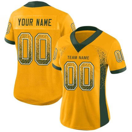 Custom Gold Green White Mesh Football Jersey with Personalized Name and Number Personalized Gold Green-White Mesh Drift Fashion
