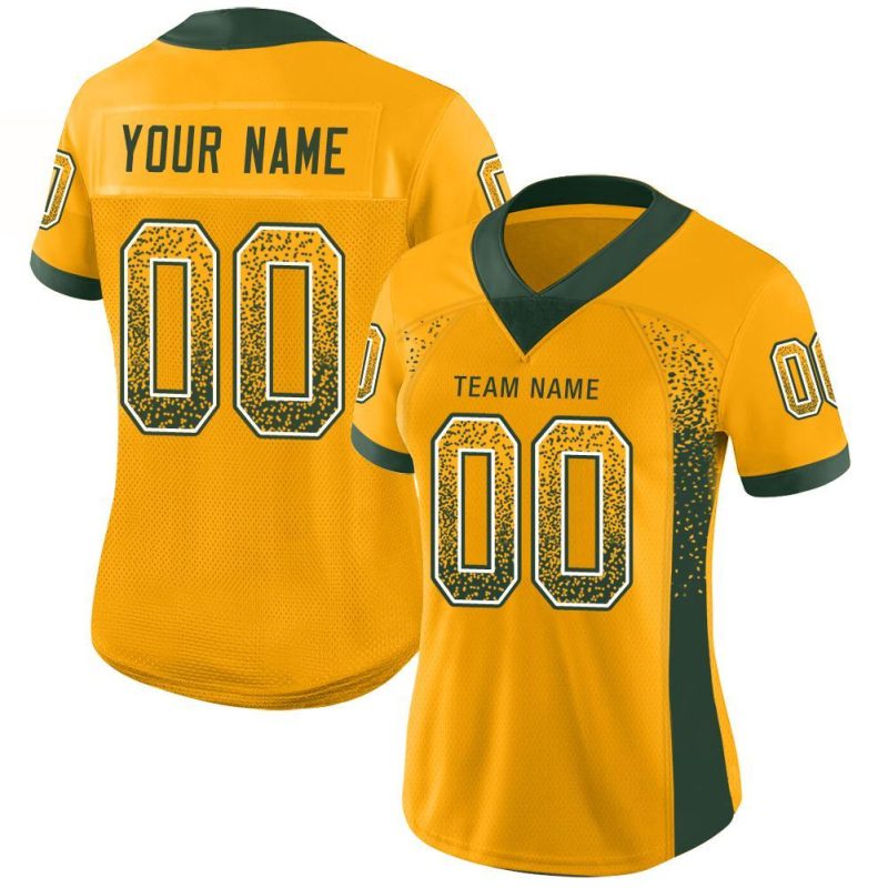 Custom Gold Green White Mesh Football Jersey with Personalized Name and Number Personalized Gold Green-White Mesh Drift Fashion