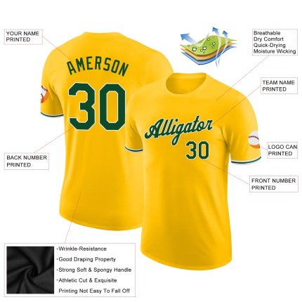 Custom Team Performance T-Shirt with Personalized Gold Green-White Name and Number Personalized Gold Green-White Performance