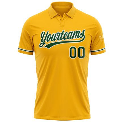 Custom Name Number Golf Polo Shirt - Personalized Green White Gold Performance Apparel Personalized Gold Green-White Performance