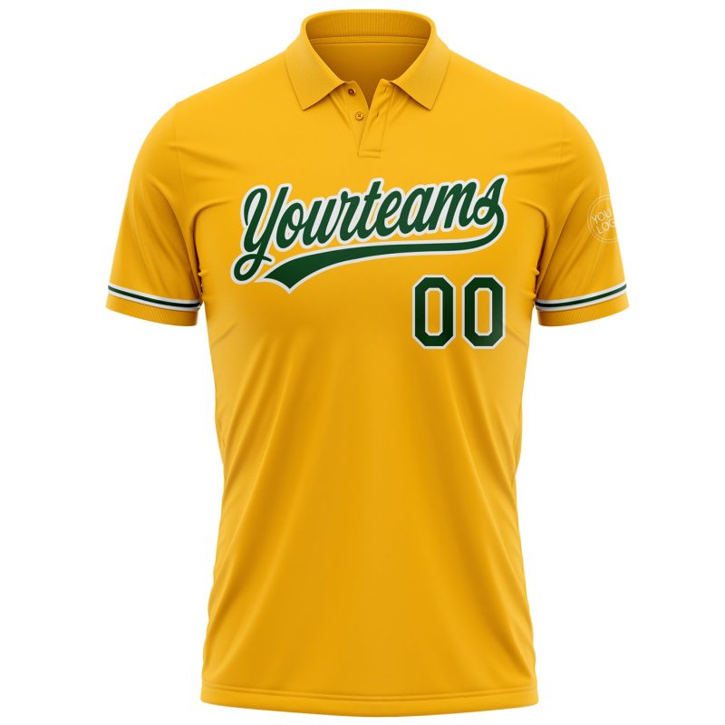 Custom Name Number Golf Polo Shirt - Personalized Green White Gold Performance Apparel Personalized Gold Green-White Performance
