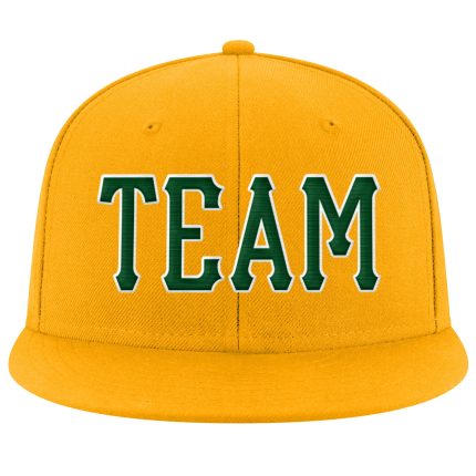 Custom Adjustable Snapback Hat with Gold Green-White Stitched Design - Personalized with Team Name and Number Personalized
