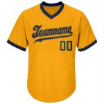 Custom Personalized Gold and Hunter Green-Navy Baseball Jersey Shirt with Name and Number - Authentic Throwback Rib-Knit