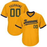 Custom Personalized Gold and Hunter Green-Navy Baseball Jersey Shirt with Name and Number - Authentic Throwback Rib-Knit