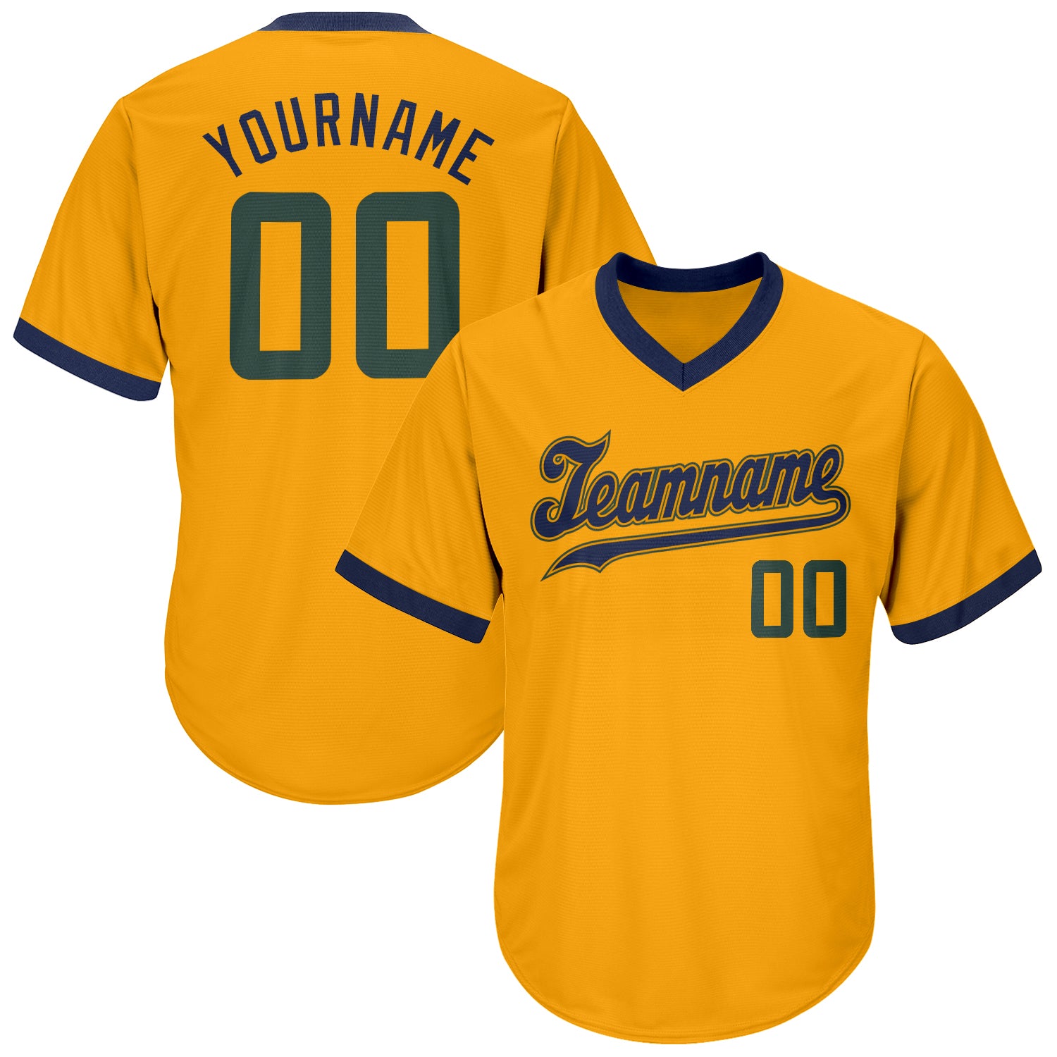 Custom Personalized Gold and Hunter Green-Navy Baseball Jersey Shirt with Name and Number - Authentic Throwback Rib-Knit