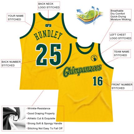Custom Name Number Basketball Jersey - Personalized Gold Hunter Green White Throwback Authentic Personalized Gold Hunter