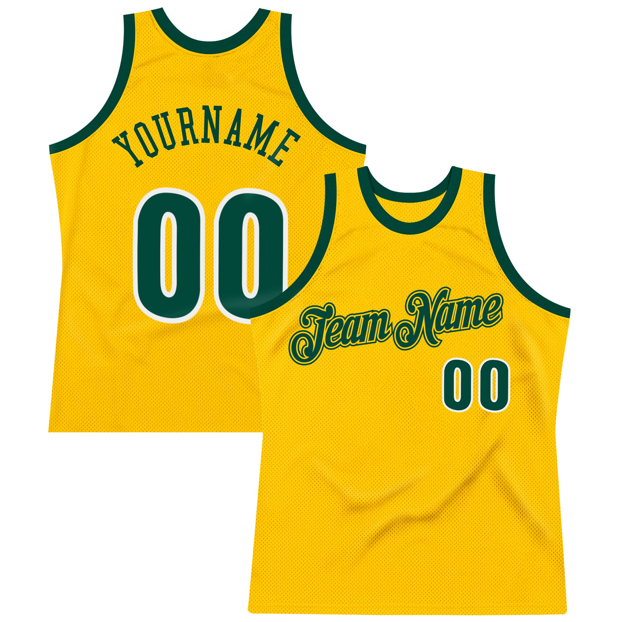 Custom Name Number Basketball Jersey - Personalized Gold Hunter Green White Throwback Authentic Personalized Gold Hunter