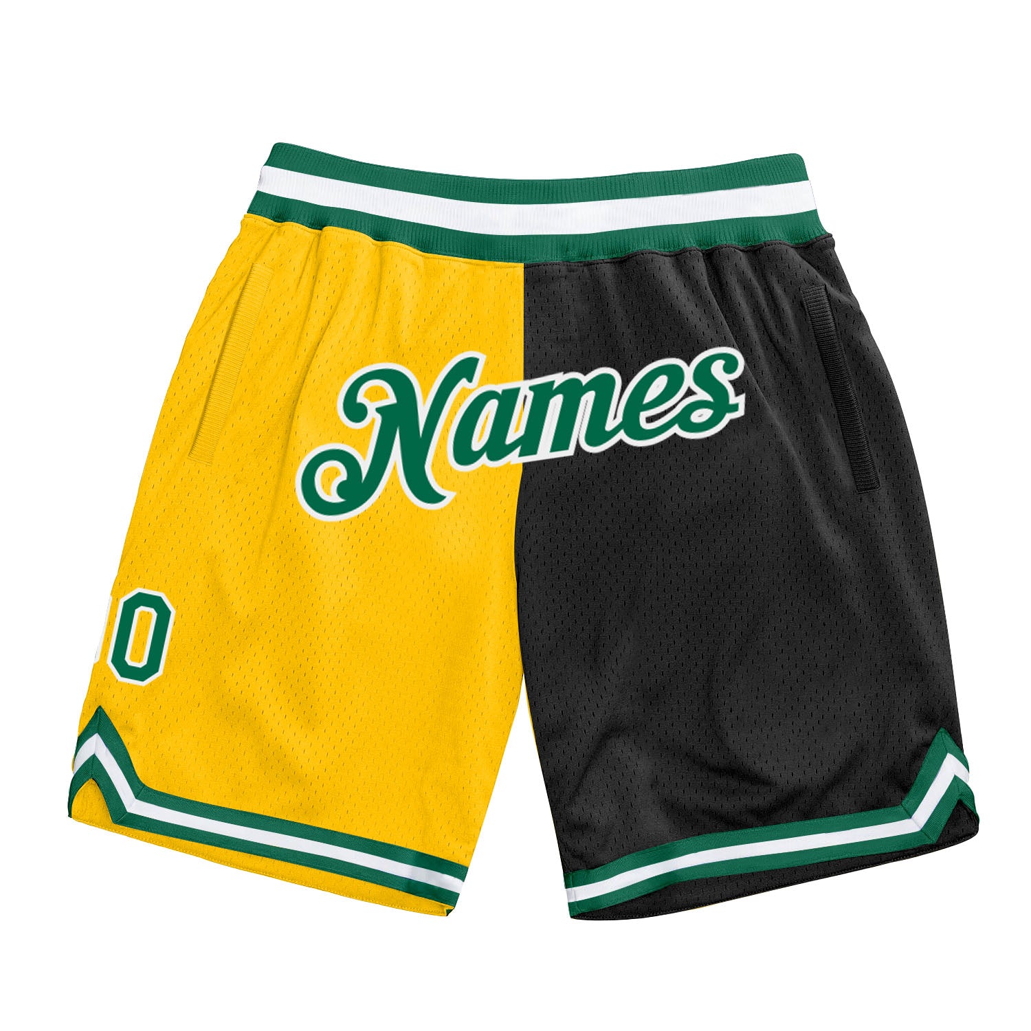 Custom Team Name Number Personalized Gold Basketball Shorts Green Black Split Fashion Authentic Personalized Gold Kelly Green-Black