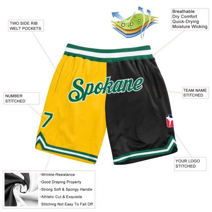 Custom Team Name Number Personalized Gold Basketball Shorts Green Black Split Fashion Authentic Personalized Gold Kelly Green-Black