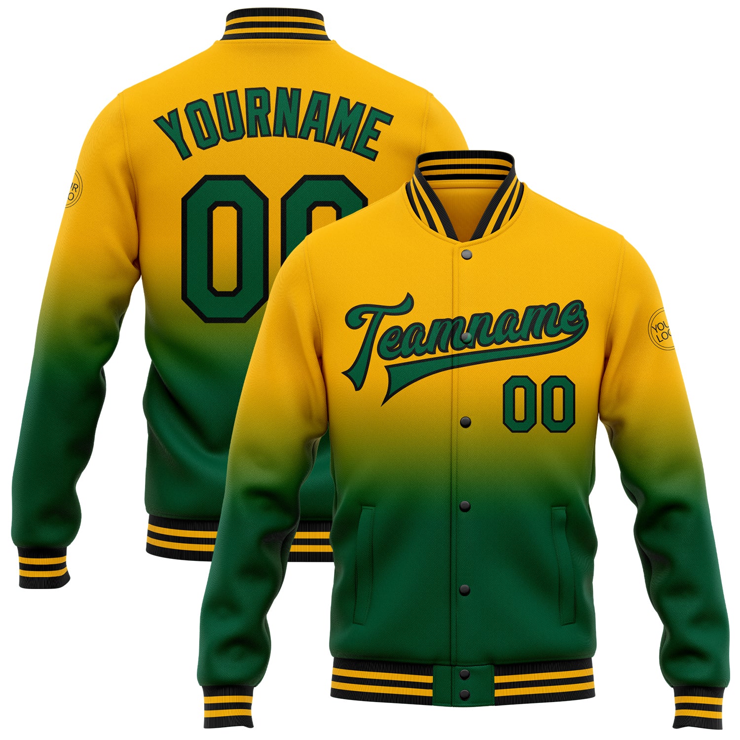 Custom Name Number Gold Kelly Green Black Bomber Varsity Letterman Fashion Jacket Fade Personalized Full-Snap Team Jacket