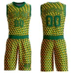 Custom Basketball Jersey with Personalized Name & Number - Gold Kelly Green-Black Triangle Shapes, Round Neck Design Personalized