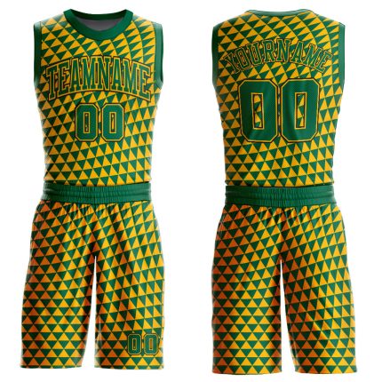 Custom Basketball Jersey with Personalized Name & Number - Gold Kelly Green-Black Triangle Shapes, Round Neck Design Personalized