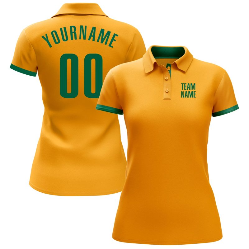 Custom Name and Number Personalized Golf Polo Shirt in Kelly Green Gold Performance Personalized Gold Kelly Green Performance
