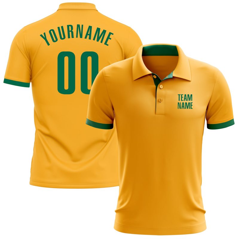 Custom Name and Number Personalized Golf Polo Shirt in Kelly Green Gold Performance Personalized Gold Kelly Green Performance