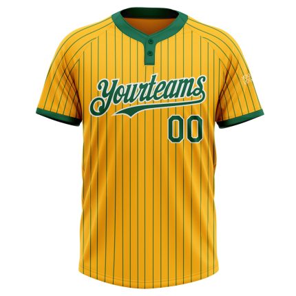Custom Name Number Unisex Softball Jersey - Personalized Gold Kelly Green Pinstripe Two-Button Design Personalized Gold Kelly