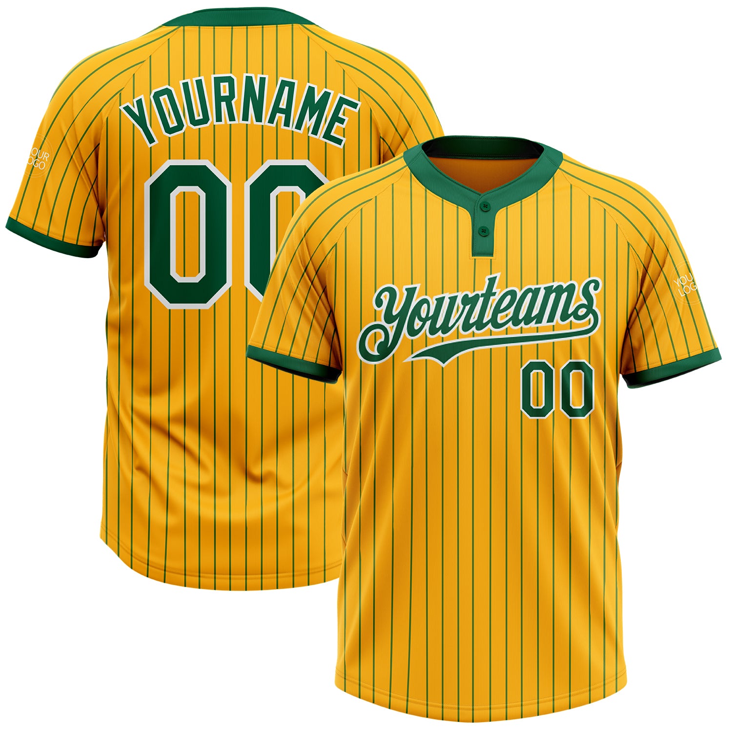 Custom Name Number Unisex Softball Jersey - Personalized Gold Kelly Green Pinstripe Two-Button Design Personalized Gold Kelly