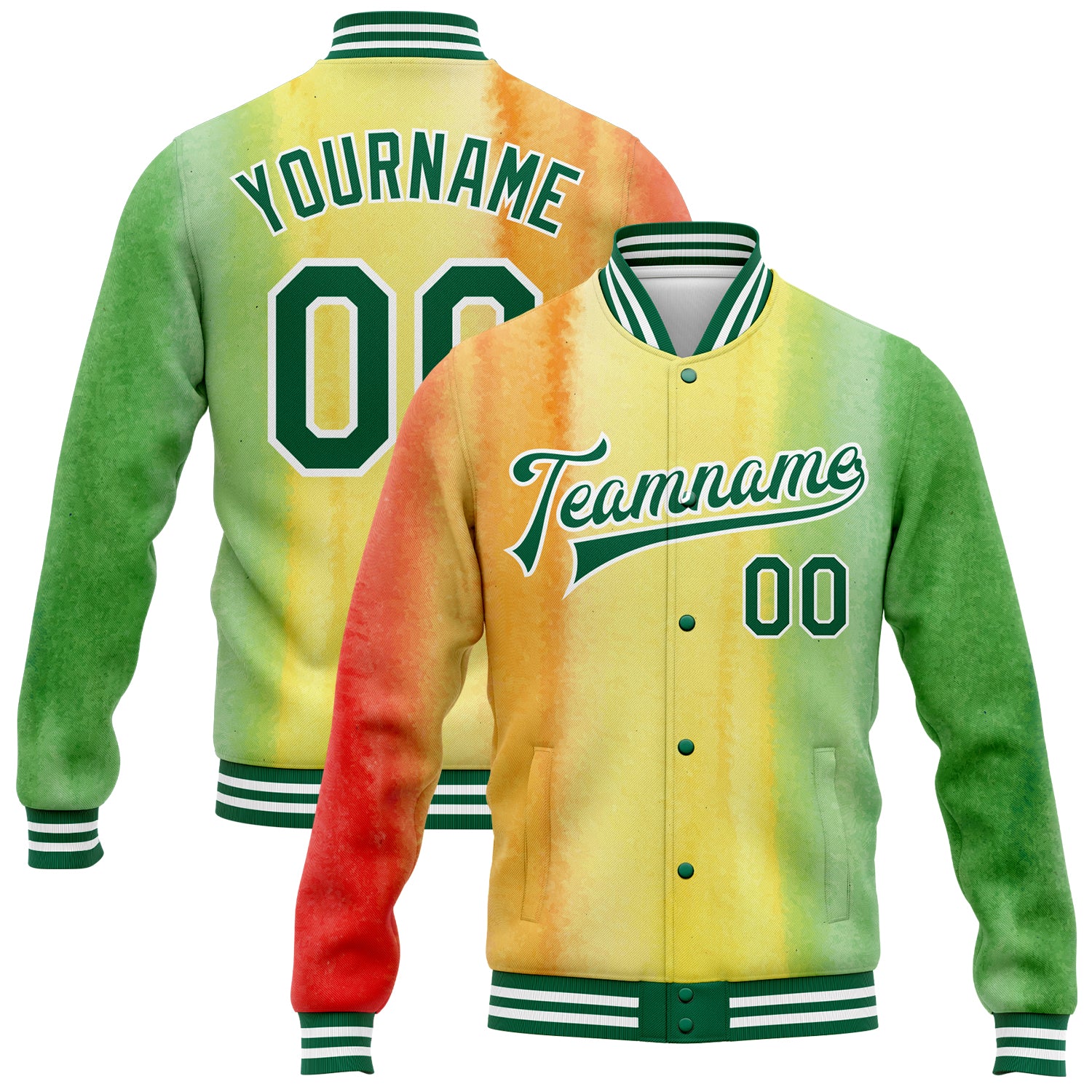 Custom Name & Number Personalized 3D Pattern Black History Month Bomber Jacket in Gold Kelly Green-Red, Full-Snap Varsity Letterman