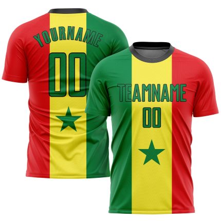 Personalized Senegalese Flag Soccer Jersey Custom Name Number Gold Kelly Green Red-Black Team Uniform Personalized Gold Kelly