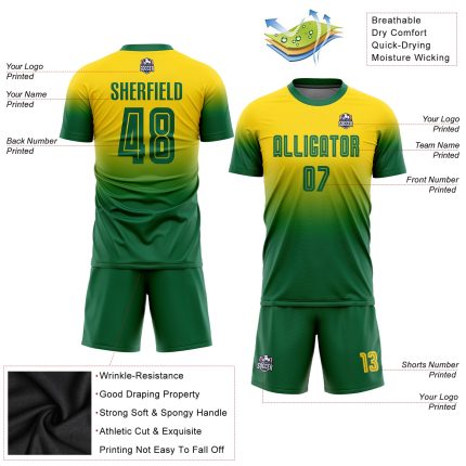 Custom Name Number Personalized Gold Kelly Green Soccer Uniform Jersey - Fade Fashion Team Design Personalized Gold Kelly