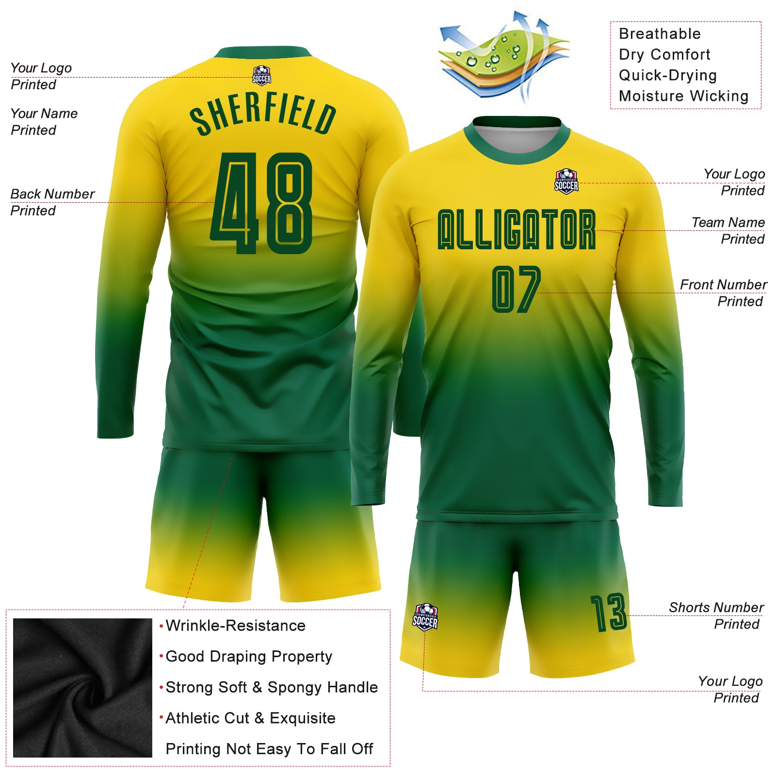 Personalized Gold Kelly Green Sublimation Long Sleeve Fade Fashion Soccer Uniform Jersey Team Custom Name and Number Personalized Gold Soccer Jersey with Custom Name and Number, Kelly Green Long Sleeve Fade Fashion Uniform Personalized Gold - Image 3