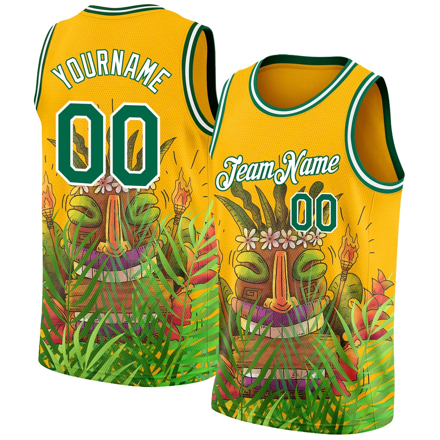 Custom Name and Number Cartoon Tropical 3D Pattern Basketball Jersey - Personalized Gold Kelly Green-White Hawaii Rainforest Team