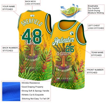 Custom Name and Number Cartoon Tropical 3D Pattern Basketball Jersey - Personalized Gold Kelly Green-White Hawaii Rainforest Team