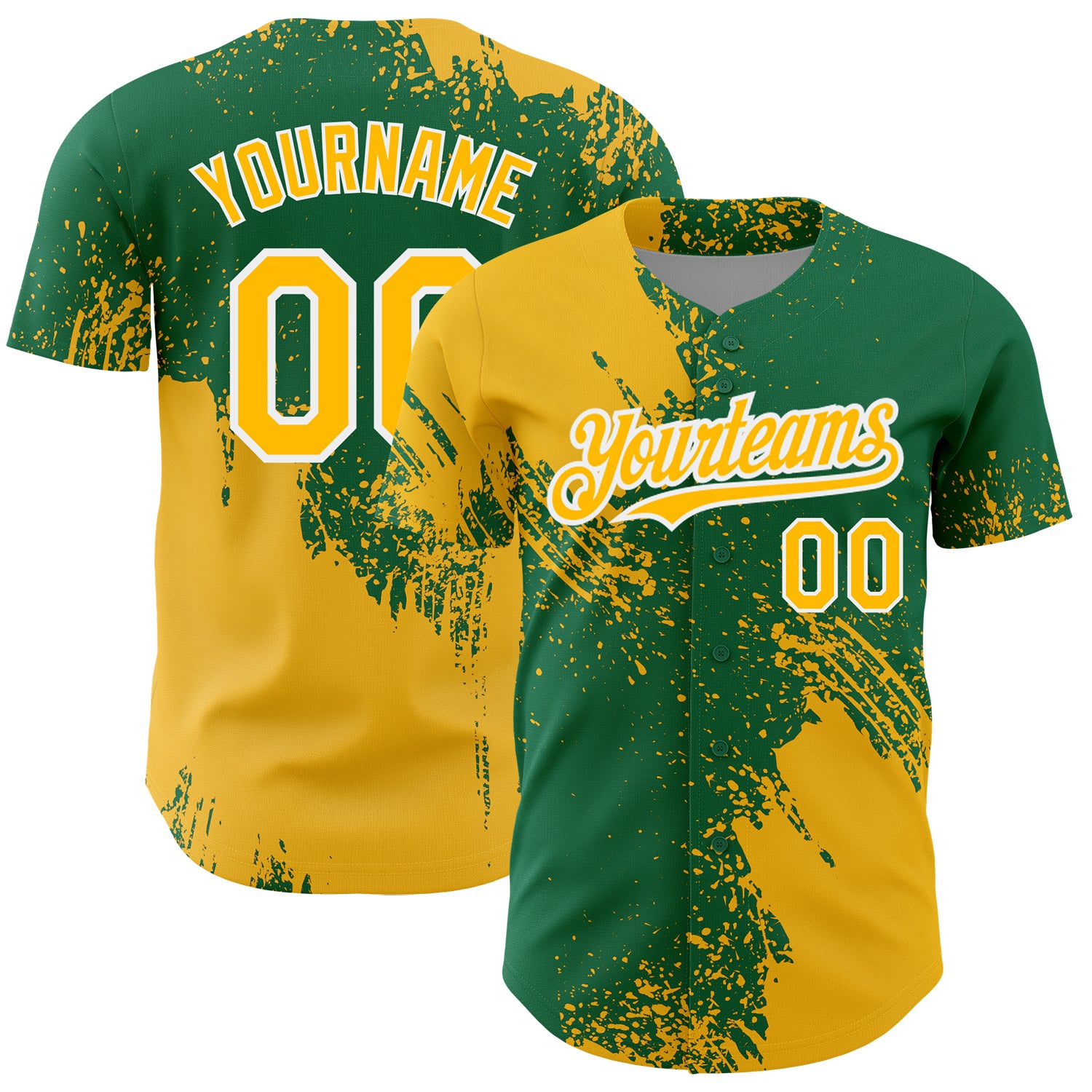 Custom Name and Number Baseball Jersey - Personalized Gold Kelly Green-White 3D Pattern Abstract Brush Stroke Design Personalized