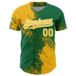 Custom Name and Number Baseball Jersey - Personalized Gold Kelly Green-White 3D Pattern Abstract Brush Stroke Design Personalized