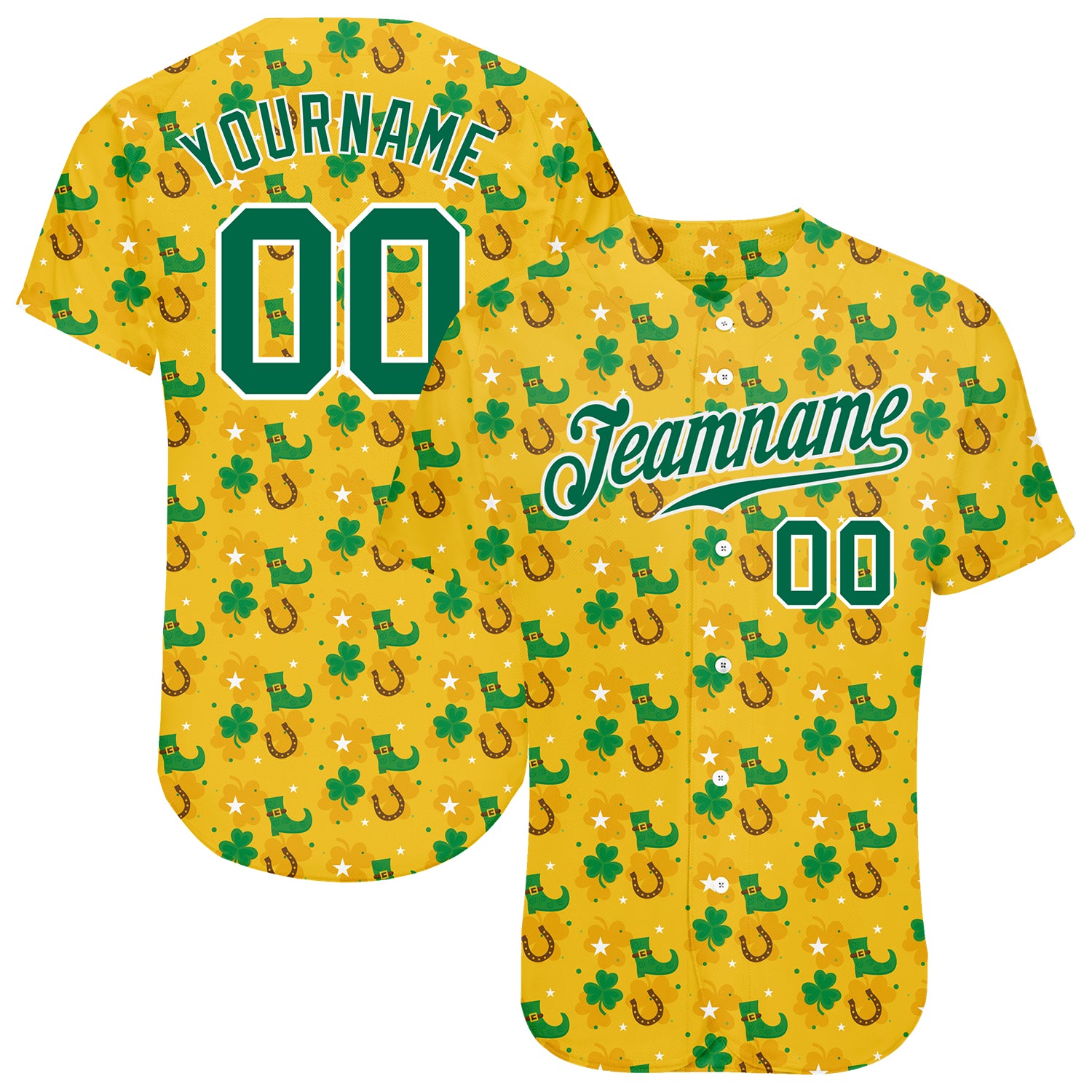 Custom St. Patricks Day Baseball Jersey - Personalized Gold Kelly Green-White 3D Pattern with Name & Number Personalized