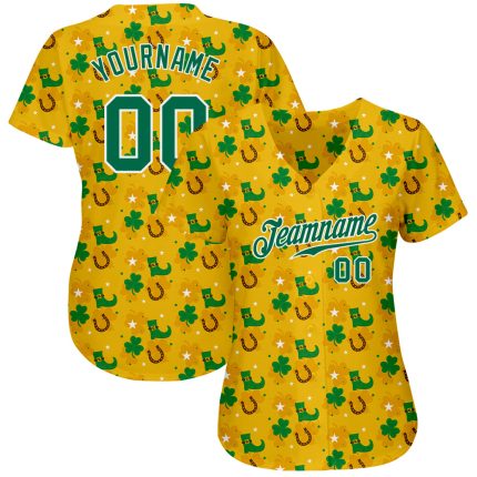 Custom St. Patricks Day Baseball Jersey - Personalized Gold Kelly Green-White 3D Pattern with Name & Number Personalized