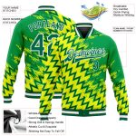Custom Name Number Varsity Bomber Jacket with 3D Gold Kelly Green-White Pattern Design Full-Snap Letterman Style Personalized