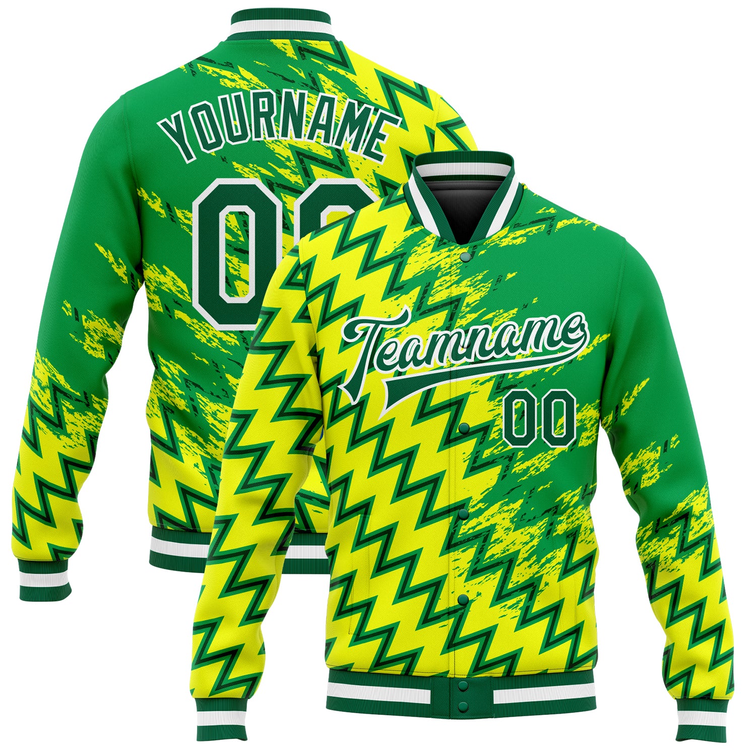 Custom Name Number Varsity Bomber Jacket with 3D Gold Kelly Green-White Pattern Design Full-Snap Letterman Style Personalized