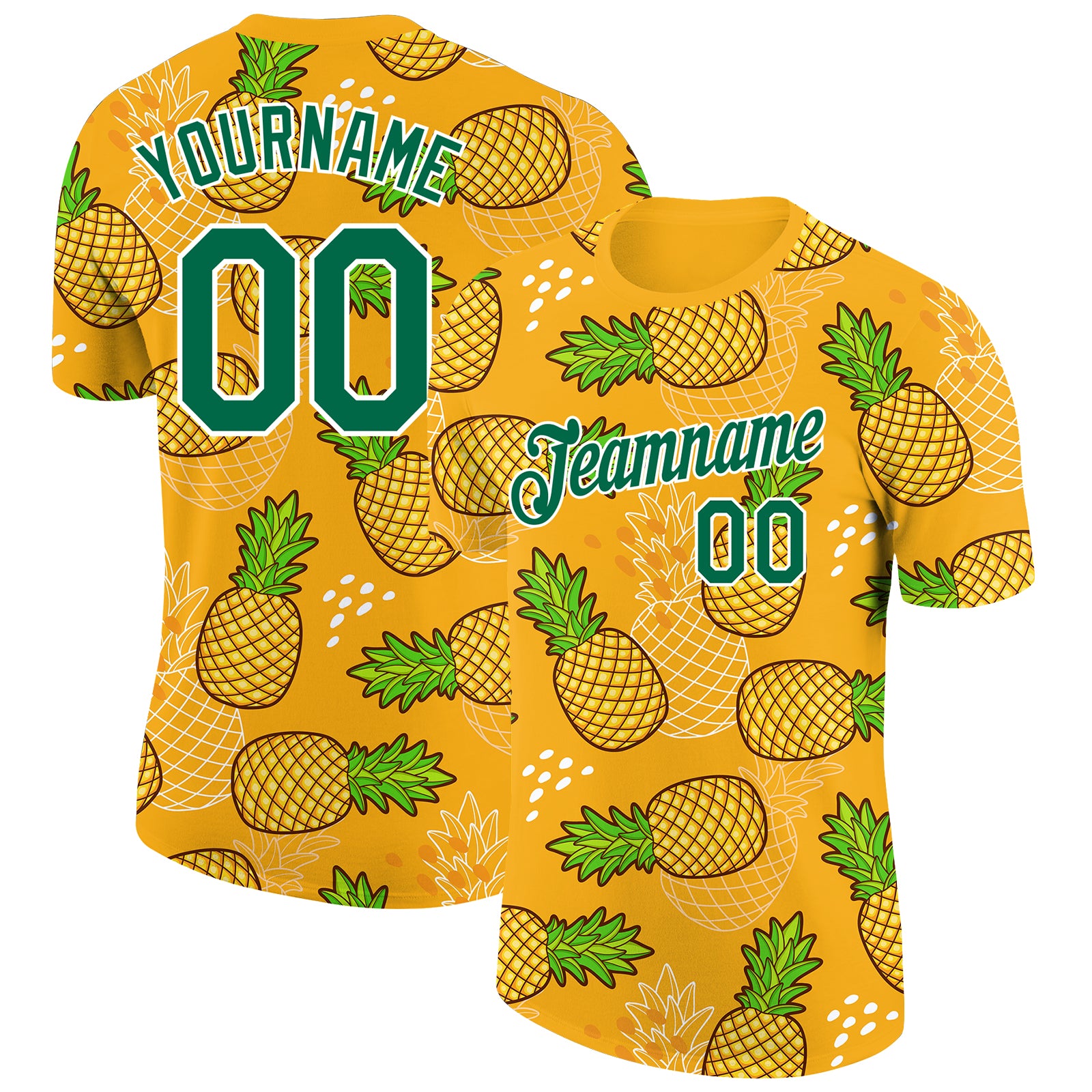 Custom Name and Number Tropical Pineapple Performance T-Shirt - Personalized Gold Kelly Green 3D Pattern Design Personalized