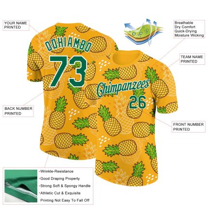 Custom Name and Number Tropical Pineapple Performance T-Shirt - Personalized Gold Kelly Green 3D Pattern Design Personalized