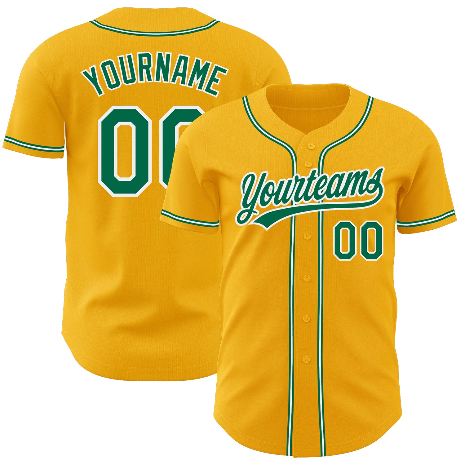 Personalized Authentic Baseball Jersey in Gold with Kelly Green and White Trim Personalized Gold Kelly Green-White Authentic