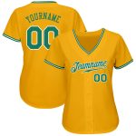 Custom Name and Number Authentic Baseball Jersey - Personalized Kelly Green and White Gold Design Personalized Gold Kelly