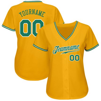Custom Name and Number Authentic Baseball Jersey - Personalized Kelly Green and White Gold Design Personalized Gold Kelly