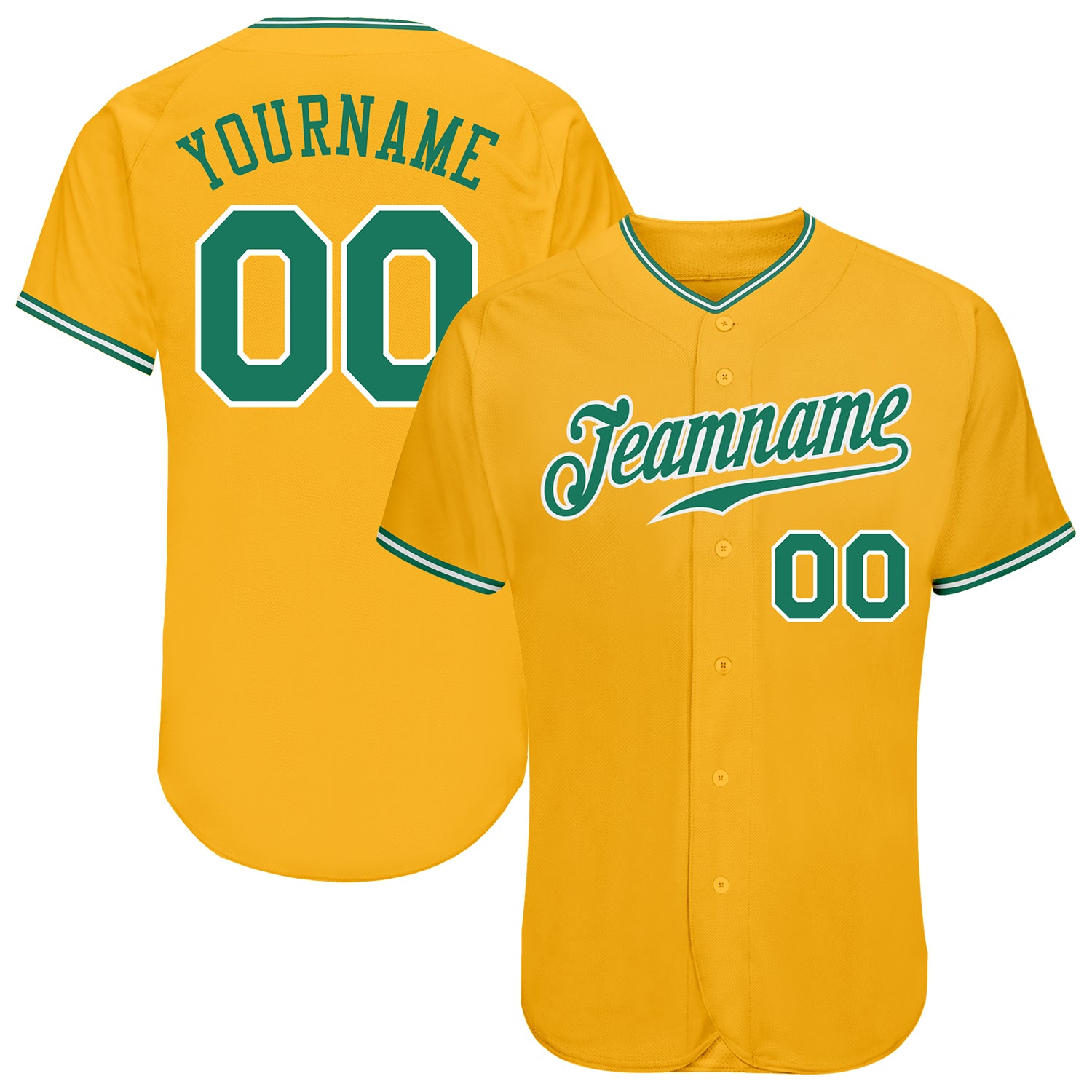 Custom Name and Number Authentic Baseball Jersey - Personalized Kelly Green and White Gold Design Personalized Gold Kelly