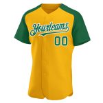 Custom Name and Number Personalized Baseball Jersey Gold Green White Authentic Raglan Sleeves Personalized Gold Kelly Green-White
