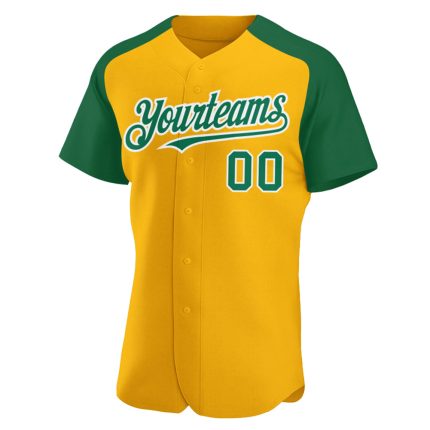 Custom Name and Number Personalized Baseball Jersey Gold Green White Authentic Raglan Sleeves Personalized Gold Kelly Green-White