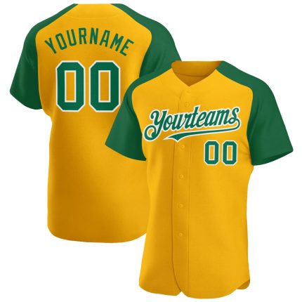 Custom Name and Number Personalized Baseball Jersey Gold Green White Authentic Raglan Sleeves Personalized Gold Kelly Green-White