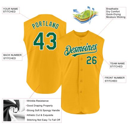 Personalized Gold Baseball Jersey - Authentic Sleeveless in Kelly Green and White Personalized Gold Kelly Green-White Authentic